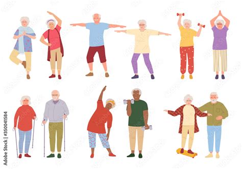 Fototapeta Healthy Active Lifestyle Older People Cartoon Set Sport Retiree Grandparent Incline