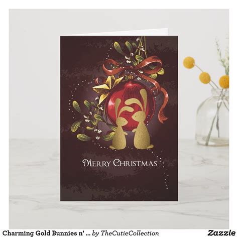 Charming Gold Bunnies N Mistletoe Merry Christmas Holiday Card