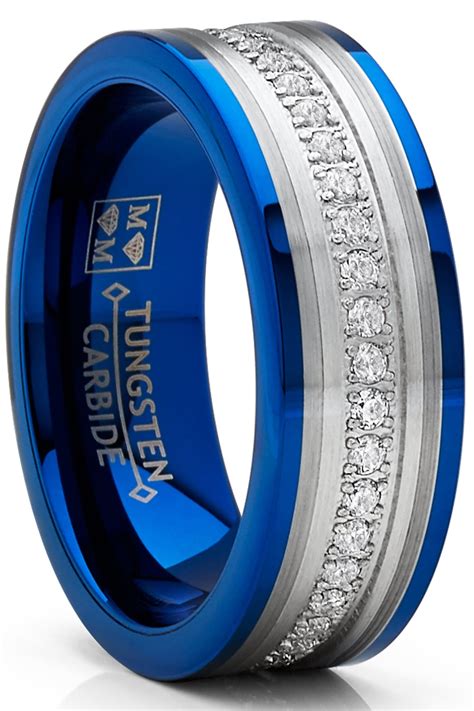 Mens Tungsten Carbide Blue Wedding Band Ring 8mm Comfort Fit Cubic