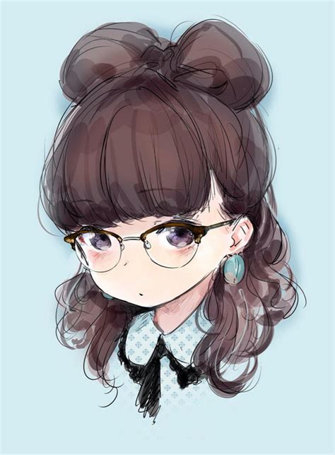 Anime Art Pretty Girl Glasses Hair Bow Hair Style