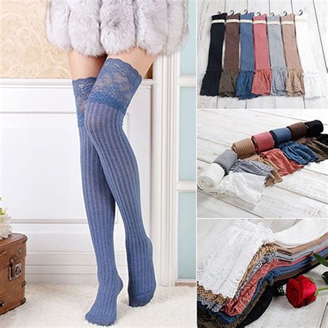 Hot Women Knitting Lace Cotton Over Knee Thigh Stockings High Pantyhose