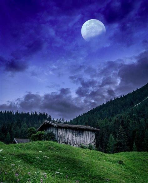 Full Moon Rising With The Clouds Over A Mountain Cabin Photography By