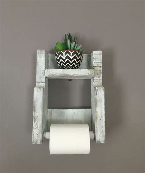 Toilet Paper Holder In Distressed White Rustic Bathroom Etsy Wood