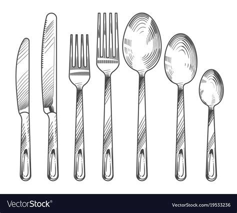 Sketch Silver Knife Fork And Spoon Hand Drawn Vector Image