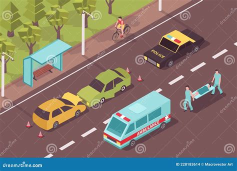Accident Crash Isometric Composition With Outdoor Scenery And Damaged