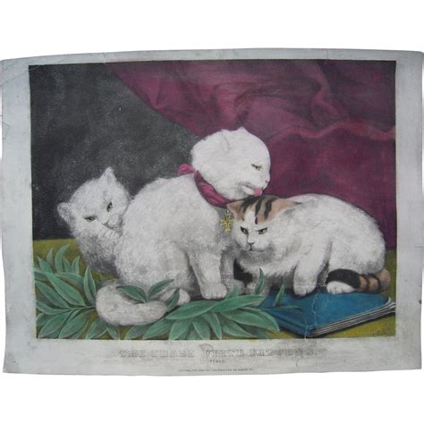 Medium Folio Hand Colored Currier And Ives Print Three White Kittens From