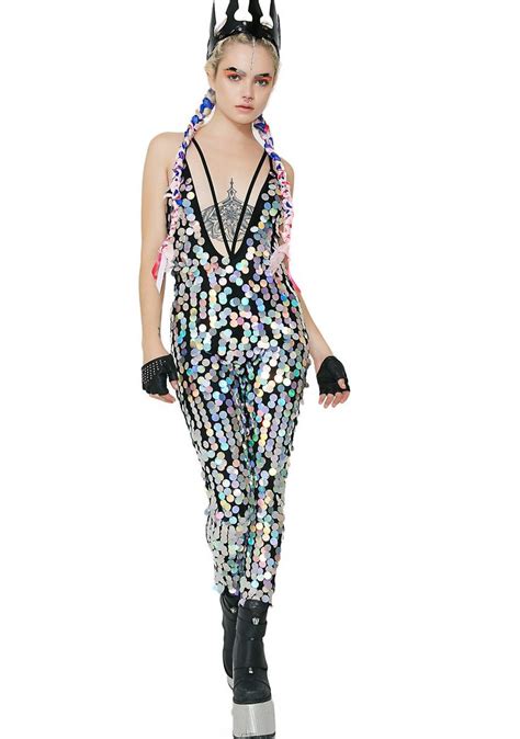 Burners Jaded London Silver Holographic Sequin Plunge Catsuit Jaded