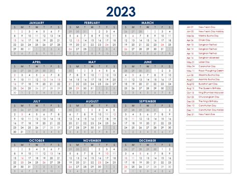 2023 Year At A Glance Calendar With Thailand Holidays Free Printable