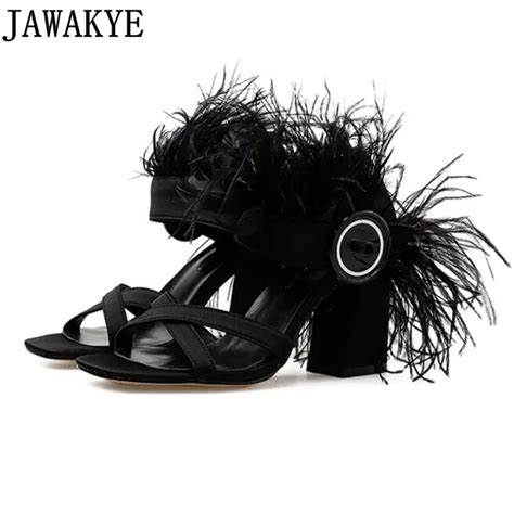 sexy design satin sandals women high heels hairy feather big button decor high quality 2018