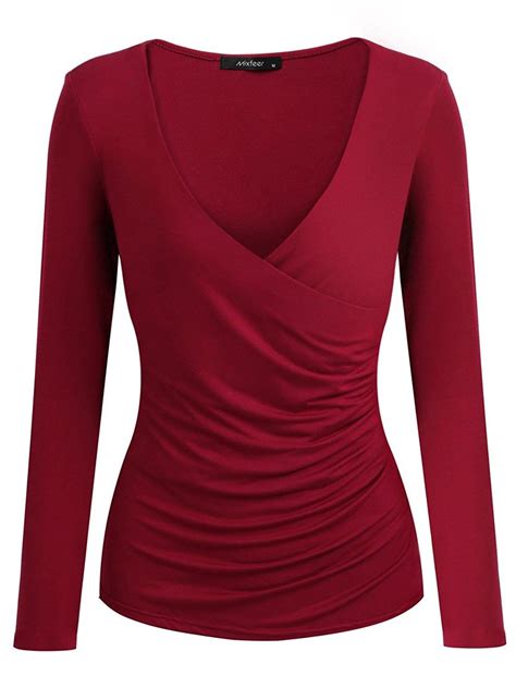 Womens Deep V Neck Long Sleeve Cross Front Ruched Slim Fit T Shirt