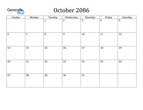 October 2086 Calendar Pdf Word Excel