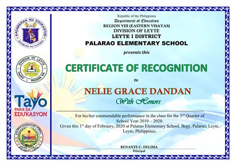 Deped Cert Of Recognition Template 2020 Deped Standard Format And