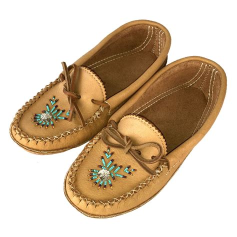 Womens Soft Sole Moosehide Leather Beaded Moccasins Maple Tan Ladies