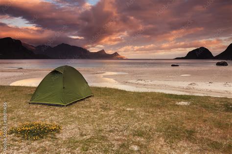Utakleiv Beach In Lofoten Islands In Norway Wild Camping During The