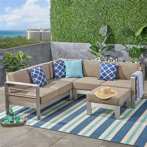 Gannon Outdoor 4 Piece Aluminum Sectional Sofa Set With Coffee Table