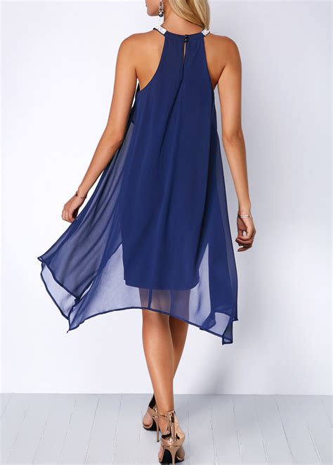 Blue Chiffon Overlay Embellished Neck Dress Usd 3559