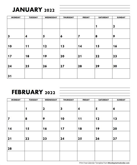 Monday Start Calendar — Jan Feb 2022 Calendar Monday Start