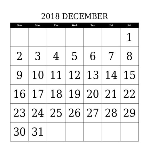 December 2018 Calendar Printable Large Date Font Size Template