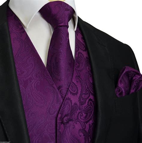 Deep Dark Purple Paisley Tuxedo Suit Dress Vest Waistcoat And Neck Tie