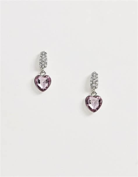 Asos Design Earrings With Crystal Bar And Heart Drop In Silver Tone Asos