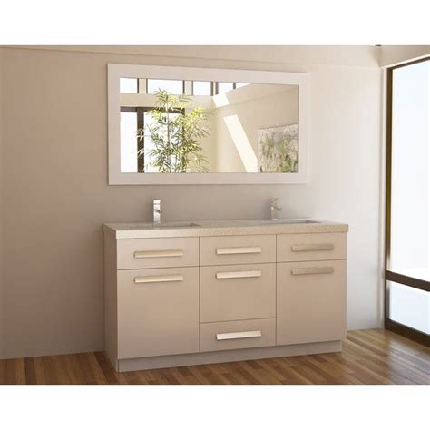 This lovely bathroom vanity with matching set hutch ships assembled and includes a 1 backsplash, beveled, og edge solid stone marble top, click photo at right, white porcelain sinks, four doors with shelves, four felted drawers on metal slides, with matching beveled double mirrored hutch with. Design Element Moscony White 60-inch Double Sink Vanity ...
