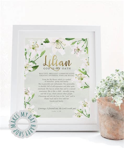 Lily Lillian Name Meaning Birthday Tname Wall Art Etsy