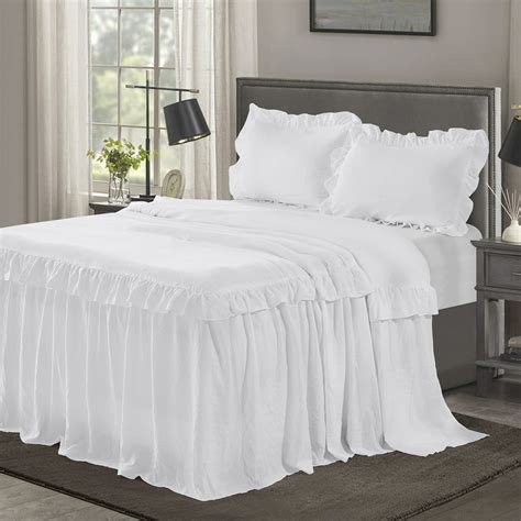 Hig 3 Piece Ruffle Skirt Bedspread Set Queen White Color 30 Inches Drop Ruffled Style Bed Skirt