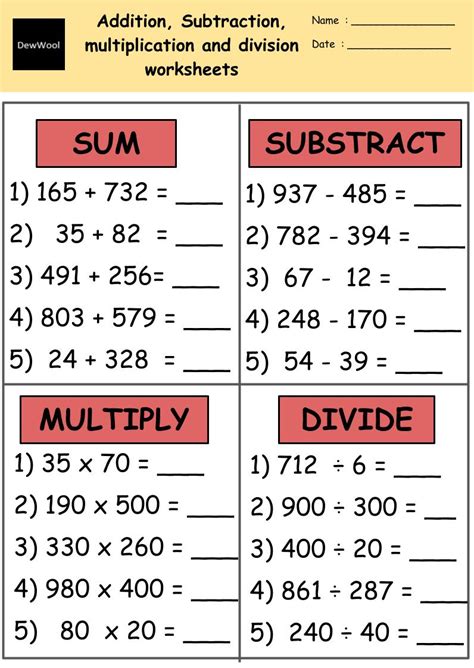 Addition Subtraction Multiplication Division Worksheets Dewwool