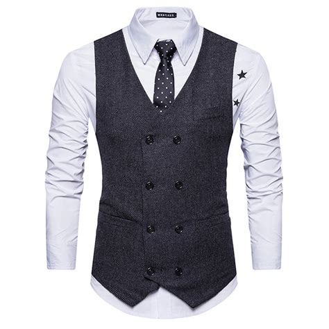 Men V Neck Double Breasted Belt Design Waistcoat Male Cotton