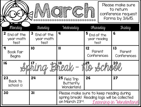 Calendars For Parent Communication Learning In Wonderland