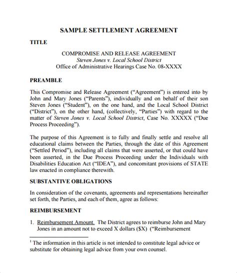 sample settlement agreements sample templates