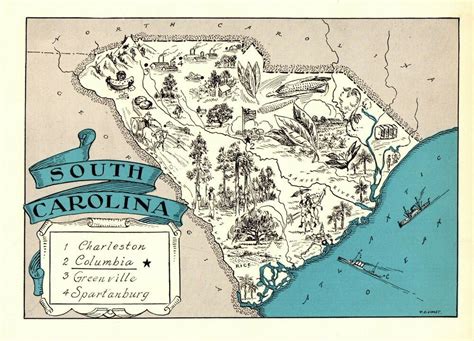 1950s Antique South Carolina State Map Animated Map Of South Carolina