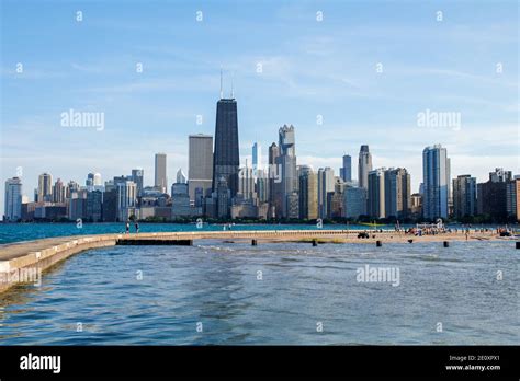 North Avenue Beach Pier And Seawall Chicago Skyline In Background