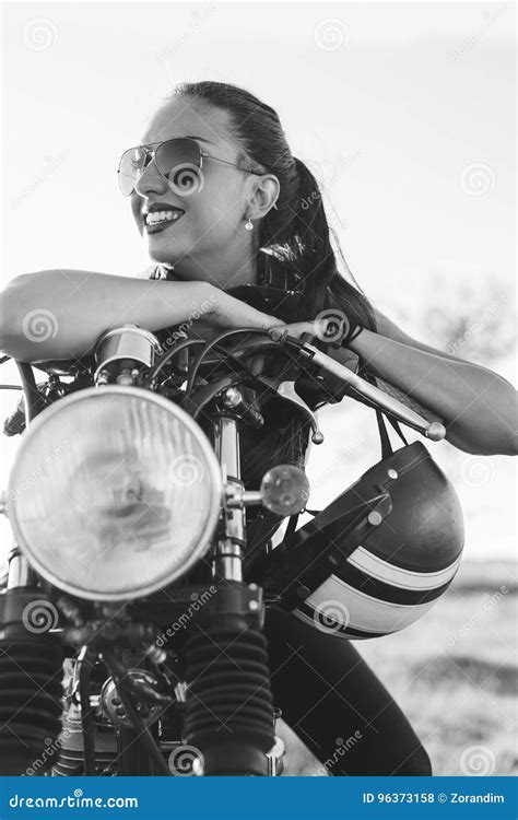 Biker Woman Sitting On Vintage Custom Motorcycle Stock Photo Image