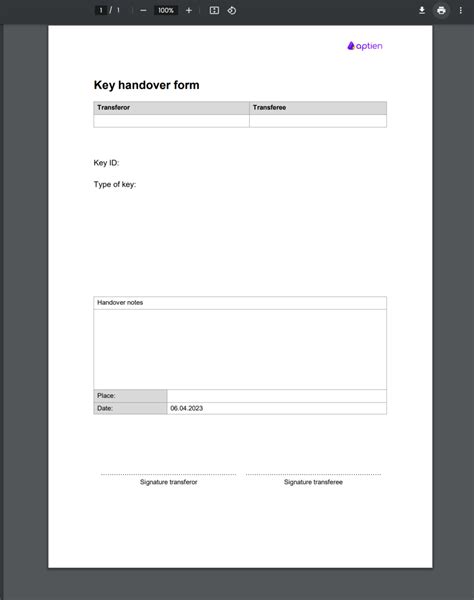 Printed Keys Handover Form Handover Checkout And Assignments Aptien