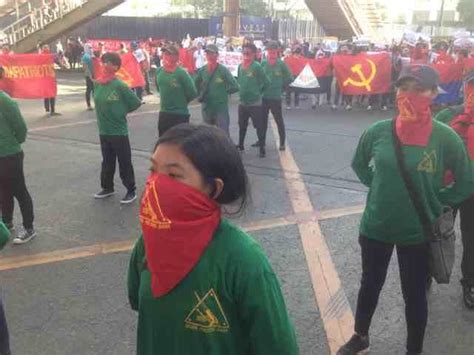 Protesters Wearing Carrying Cpp Npa Shirts Flags Occupy Part Of Edsa