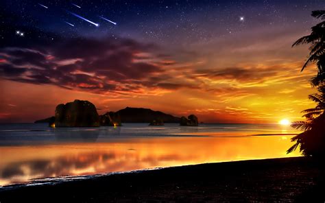Sunset Ocean Rocks Fantasy Art Scenic Shooting Star Skyscapes Wallpaper