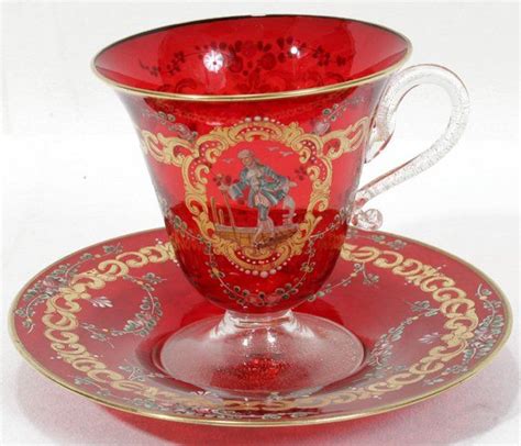 041131 Venetian Ruby Glass Cup And Saucer W Enamel Lot 41131 Tea Cups Antique Tea Cups Tea