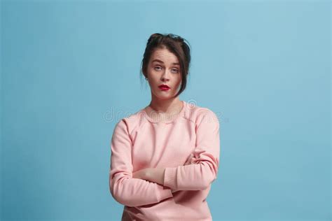 Beautiful Bored Woman Bored Isolated On Blue Background Stock Photo
