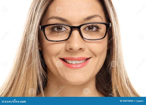 Close Up Of A Woman Wearing Eyeglasses And Smiling Stock Photo Image