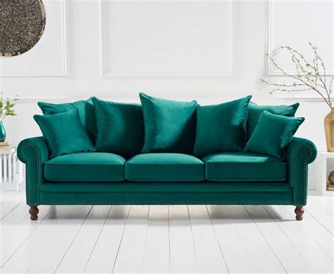 Green Plush Velvet 3 Seater Sofa With Cushions Homegenies