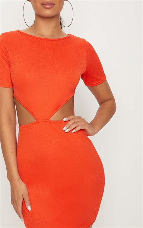 Bright Orange Short Sleeve V Cut Out Bodycon Dress Prettylittlething