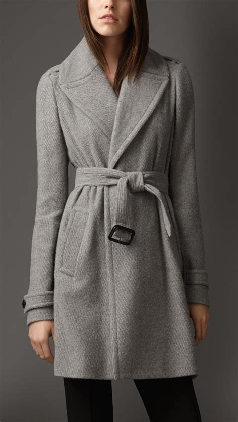 Lyst Burberry Cashmere Belted Wrap Coat In Gray