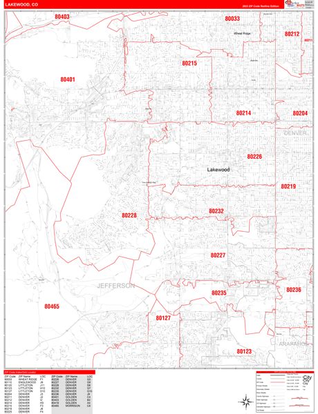 Lakewood Colorado Zip Code Wall Map Red Line Style By MarketMAPS