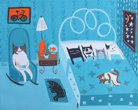 Seven Cat Art Print Sleeping Together In Bed Artwork Whimsical