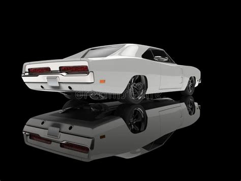 White Vintage American Muscle Car In Black Showroom Tail View Stock