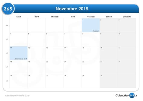 Calendrier Novembre 2019