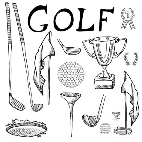 Golf Sport Hand Drawn Sketch Set Vector Illustration With Golf Clubs