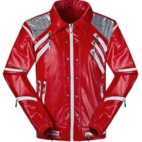 Men Lady Michael Jackson Red Beat It Leather Jacket Collar Zipper Coat