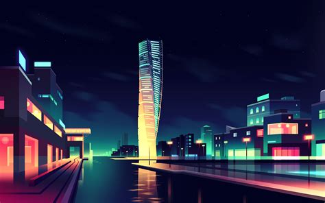 Cityscape Night Lights Building Reflection Digital Art Skyscraper